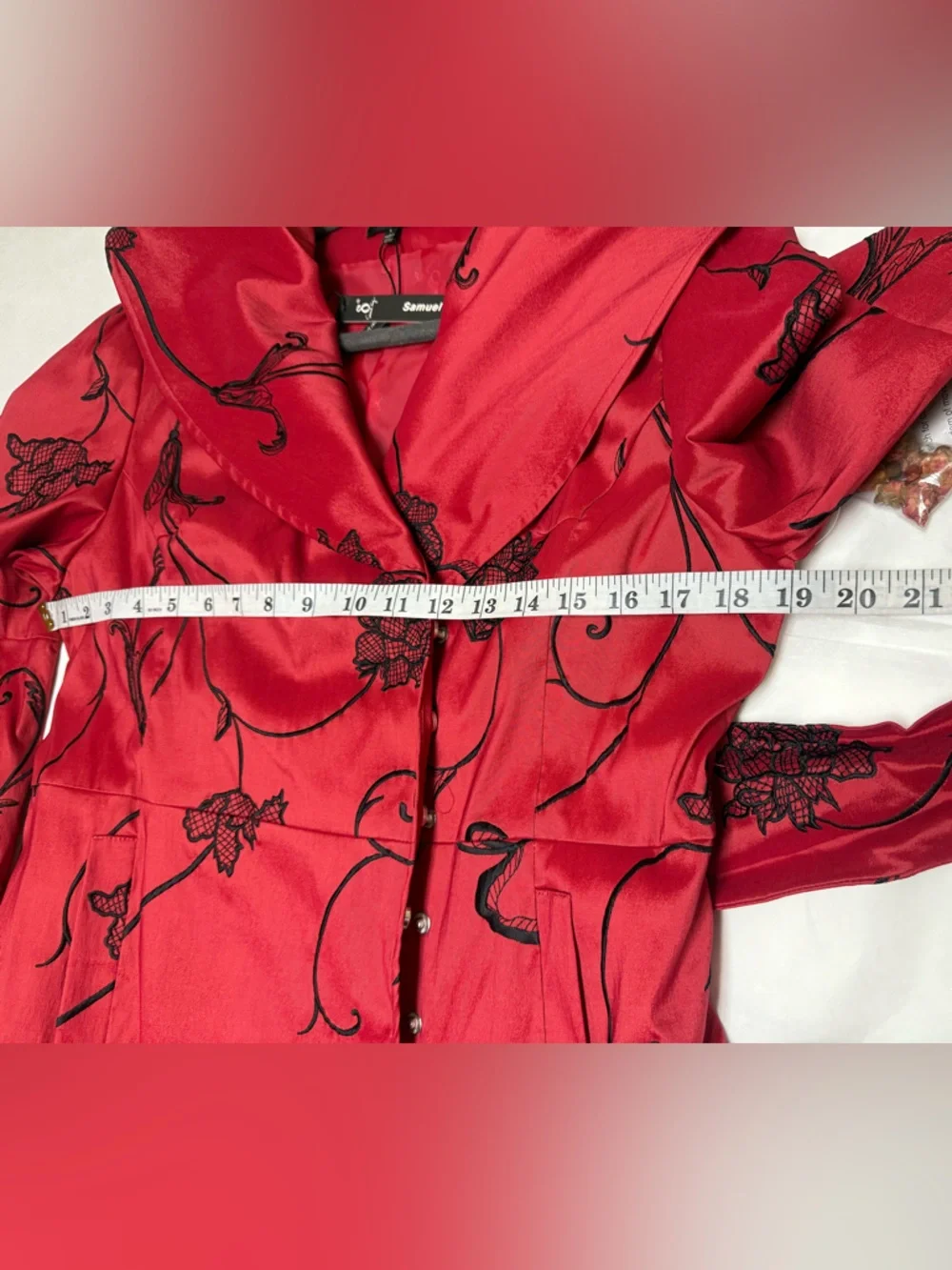 NWT 🔴Samuel Dong Red Satin Jacket with Black Label Detail🔴 - Picture 4 of 10